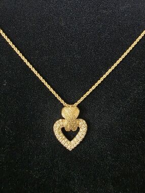 Auth DIOR Heart Rhinestone Gold Pendant Necklace